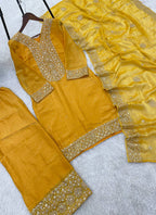 Mustard Fendy Silk Embroidery Work Occasional Wear Readymade Plazzo Suit SW517287
