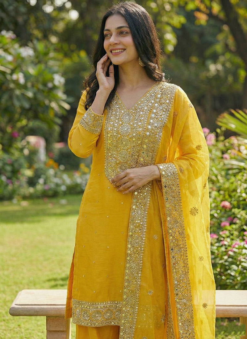 Mustard Fendy Silk Embroidery Work Occasional Wear Readymade Plazzo Suit SW517287