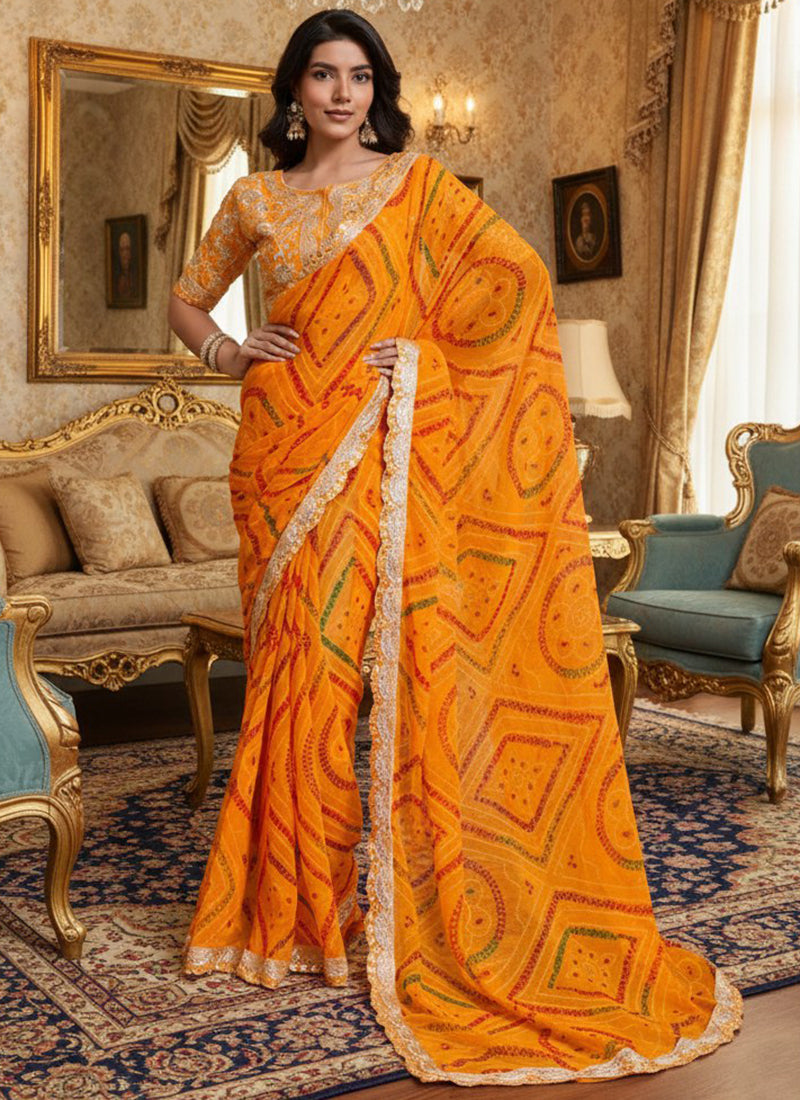 Georgette Mustard Festival Wear Bhandhani Print Work Saree 388751