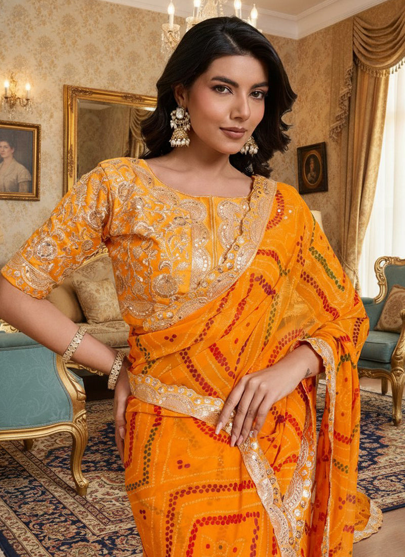 Georgette Mustard Festival Wear Bhandhani Print Work Saree 388751