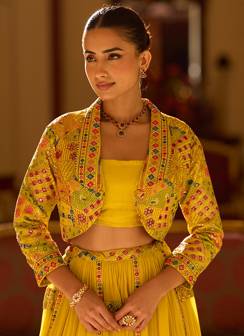 Georgette Mustard Occasional Wear Sequins Work  Readymade Shrug With Blouse And Lehenga