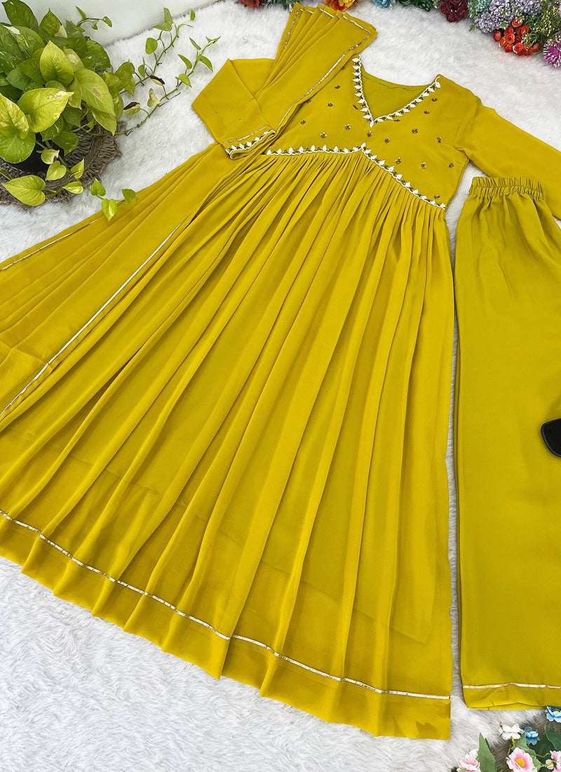 Georgette Mustard Traditional Wear Lace Work Readymade Gown With Dupatta