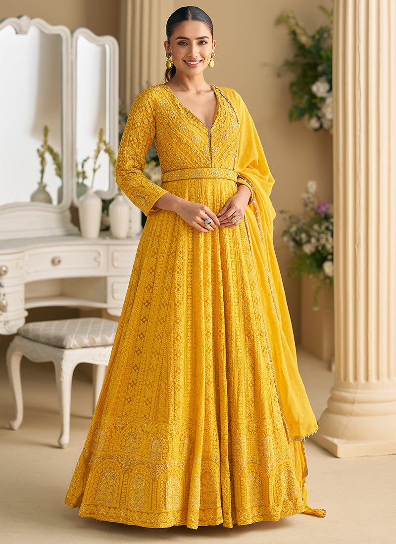 Mustard Georgette Embroidery Work Wedding Wear Readymade Anarkali Suit SW436629