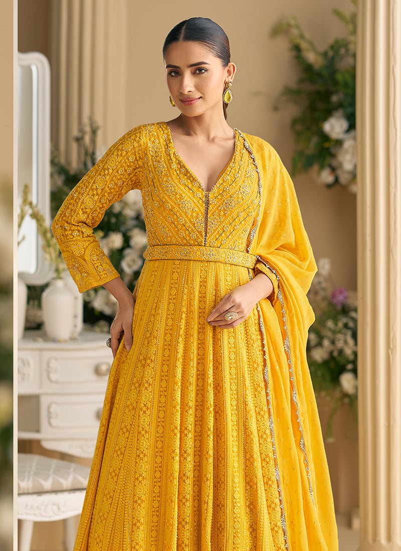 Mustard Georgette Embroidery Work Wedding Wear Readymade Anarkali Suit SW436629