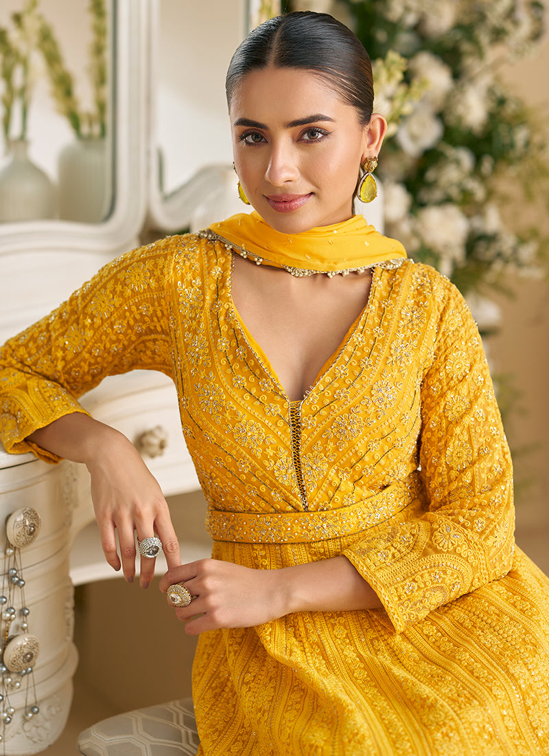 Mustard Georgette Embroidery Work Wedding Wear Readymade Anarkali Suit SW436629