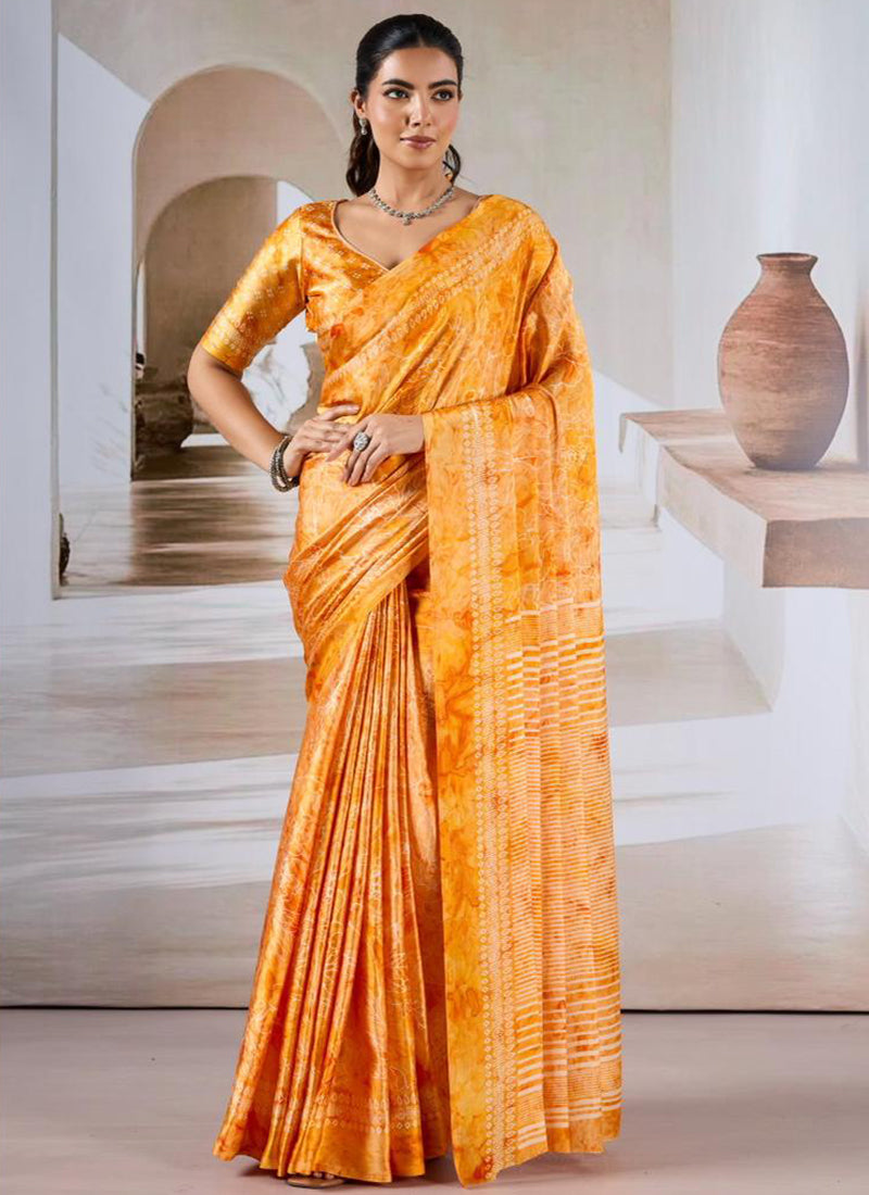 Modal Satin Mustard Festival Wear Printed Work Saree 388790