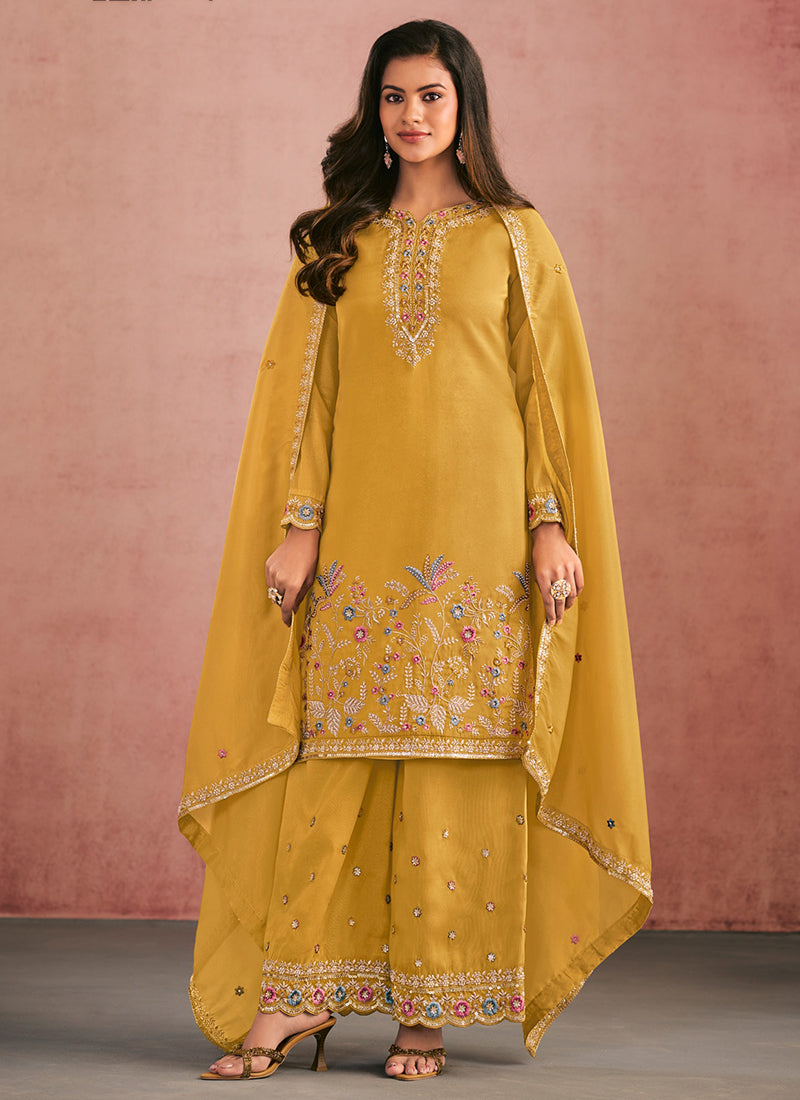 Shimmer Silk Mustard Wedding Wear Thread Work Readymade Plazzo Suit