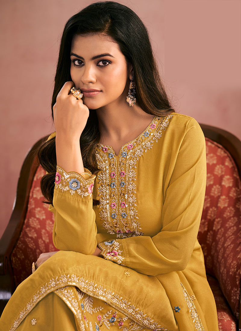 Shimmer Silk Mustard Wedding Wear Thread Work Readymade Plazzo Suit