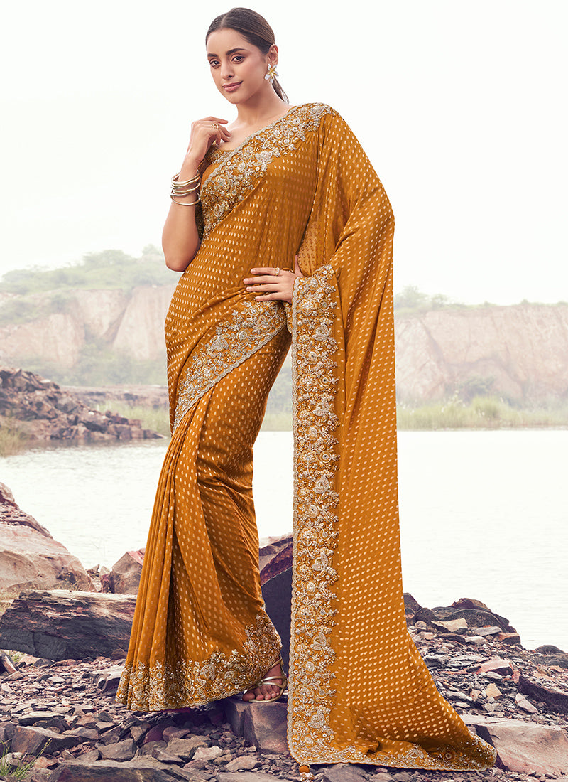 Silk Mustard Wedding Wear Embroidery Work Saree