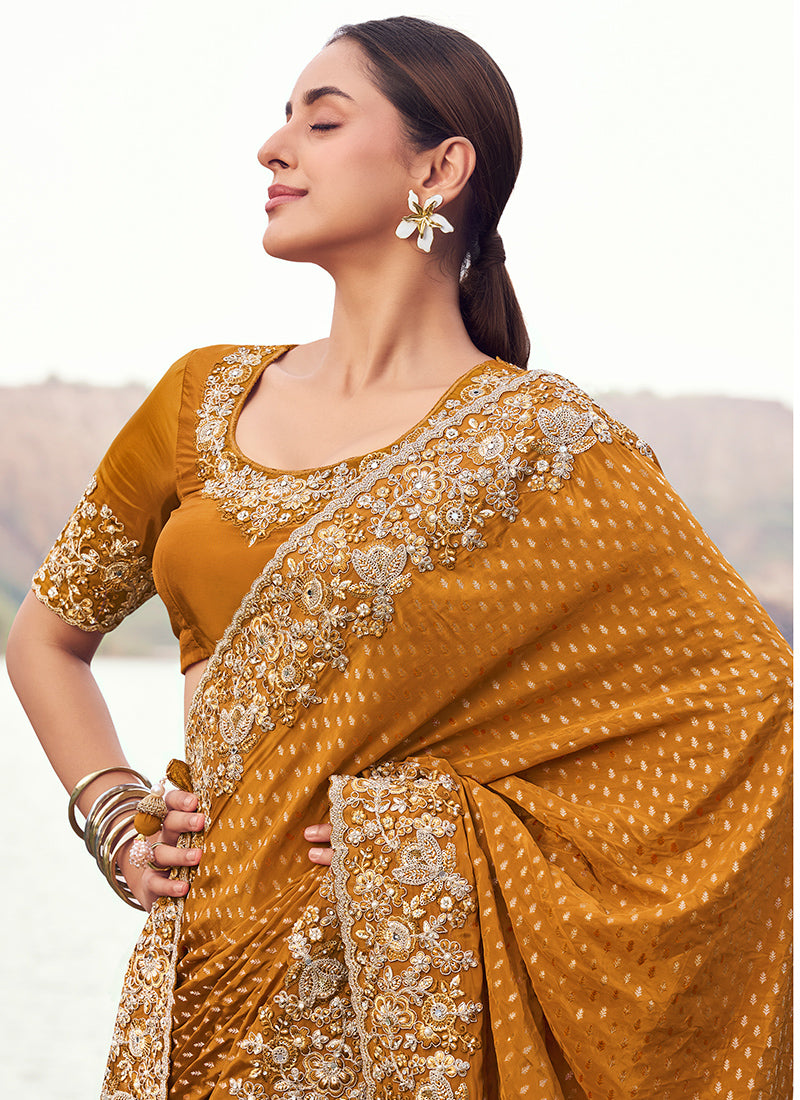 Silk Mustard Wedding Wear Embroidery Work Saree
