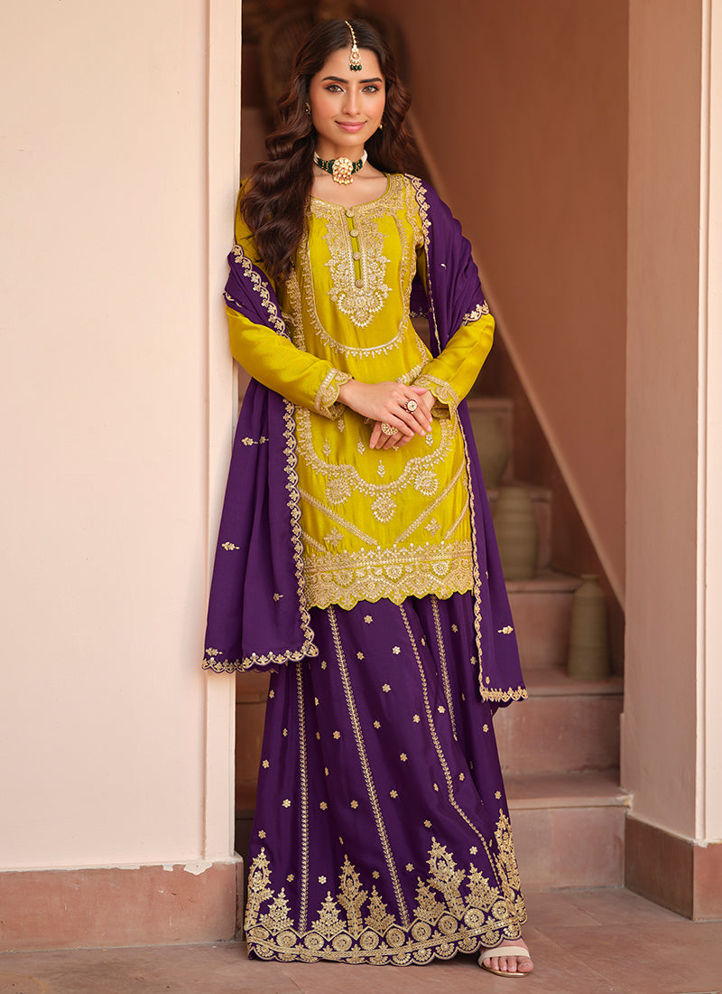 Mustard Yellow Chinon Silk Zari Embroidery Work Wedding Wear Readymade Plazzo Suit SW800577
