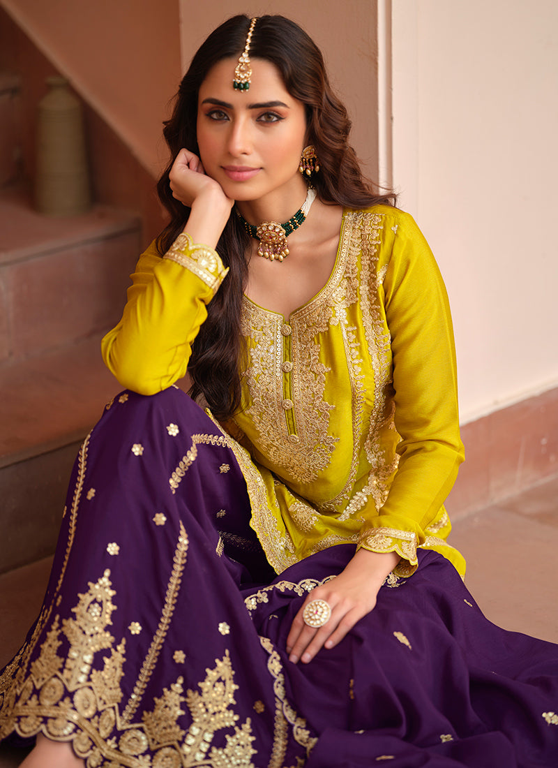Mustard Yellow Chinon Silk Zari Embroidery Work Wedding Wear Readymade Plazzo Suit SW800577