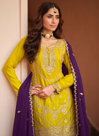 Mustard Yellow Chinon Silk Zari Embroidery Work Wedding Wear Readymade Plazzo Suit SW800577