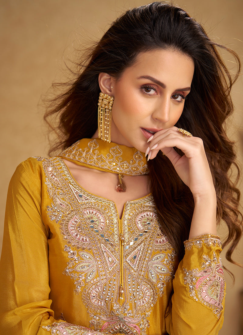 Mustard Yellow Chinon Zari Embroidery Work Wedding Wear Readymade Plazzo Suit SW216657