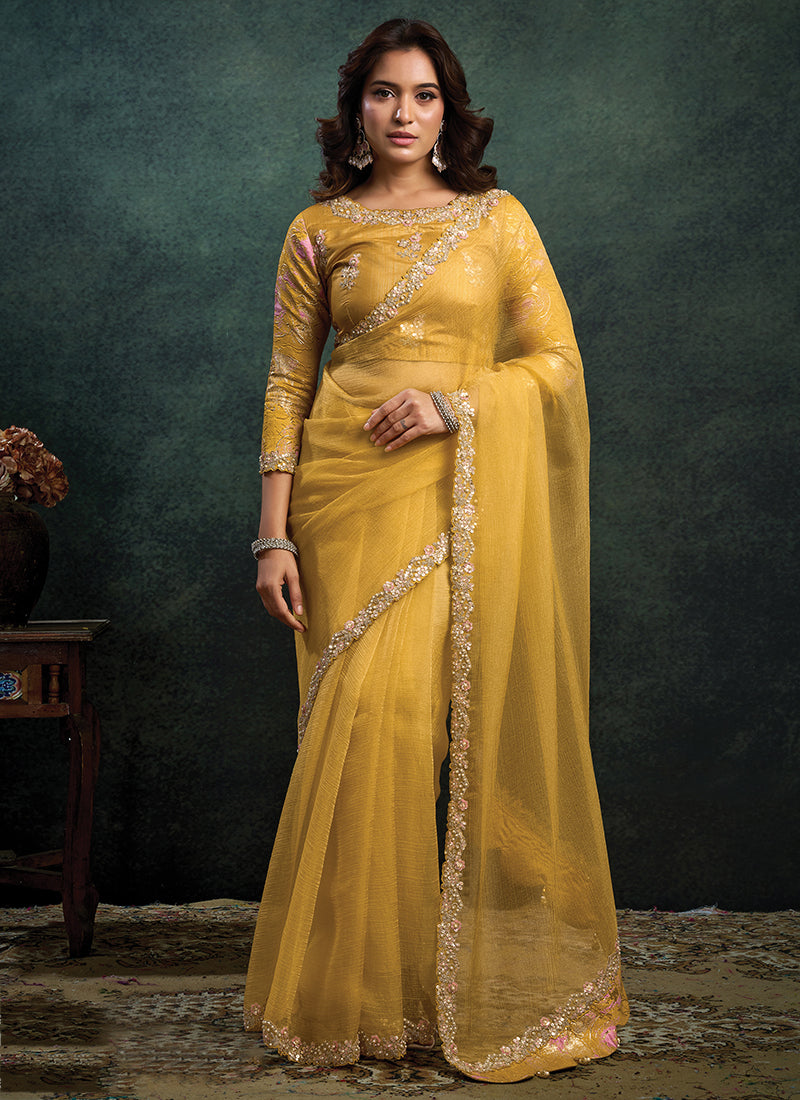 Crush Organza Silk Mustard Yellow Party Wear Sequins Embroidery Work Parties Saree 389018