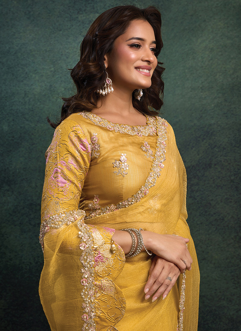 Crush Organza Silk Mustard Yellow Party Wear Sequins Embroidery Work Parties Saree 389018