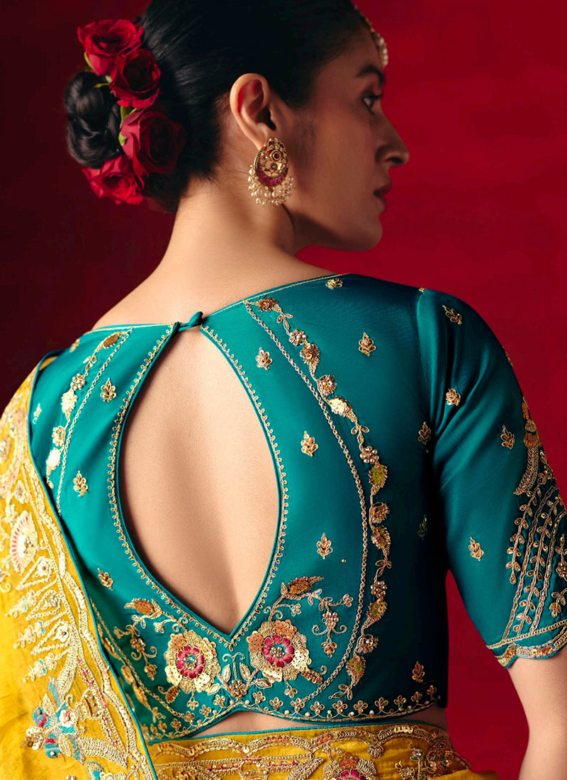 Fancy Silk Mustard Yellow Wedding Wear Embroidery Work Wedding Saree 388687