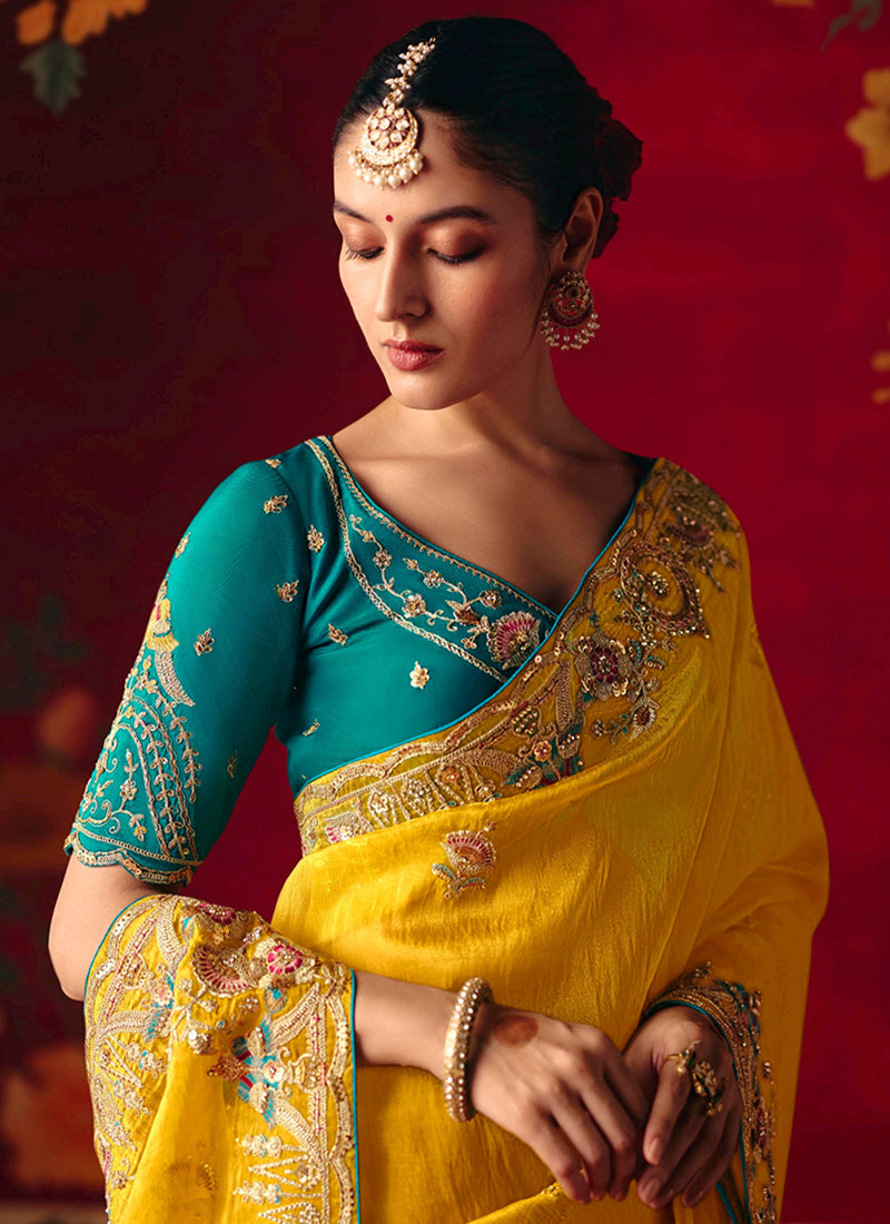 Fancy Silk Mustard Yellow Wedding Wear Embroidery Work Wedding Saree 388687