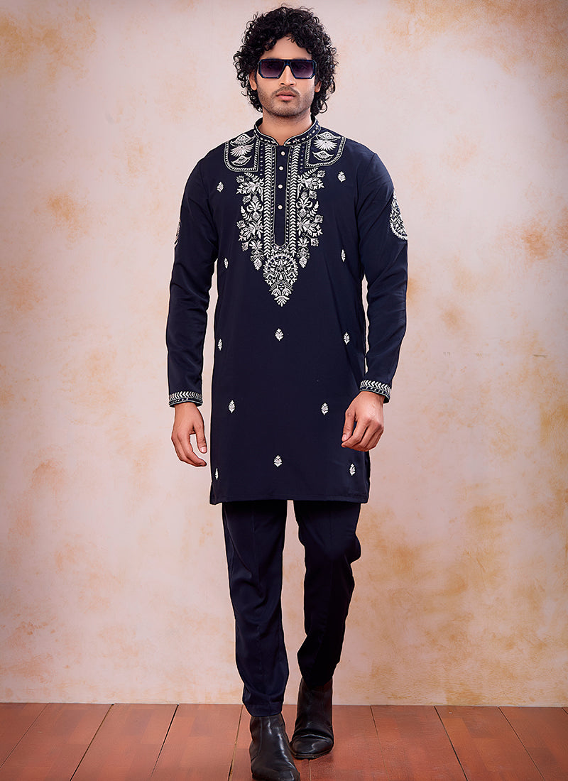 Navy Blue Armani  Mirror Work Occasional Wear Readymade Kurta Pajama SW535432