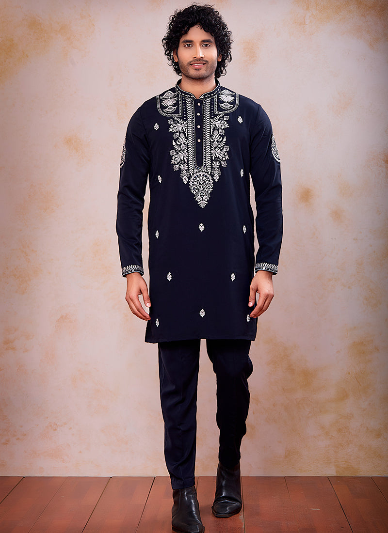 Navy Blue Armani  Mirror Work Occasional Wear Readymade Kurta Pajama SW535432