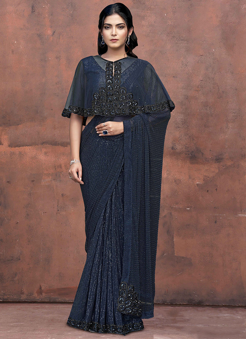 Armani Tulle Fabric Navy Blue Wedding Wear Bead Work Ready To Wear Saree