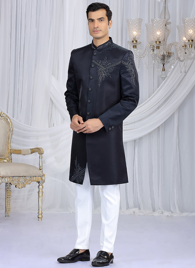 Art Silk Navy Blue Wedding Wear Embroidery Work Readymade Sherwani