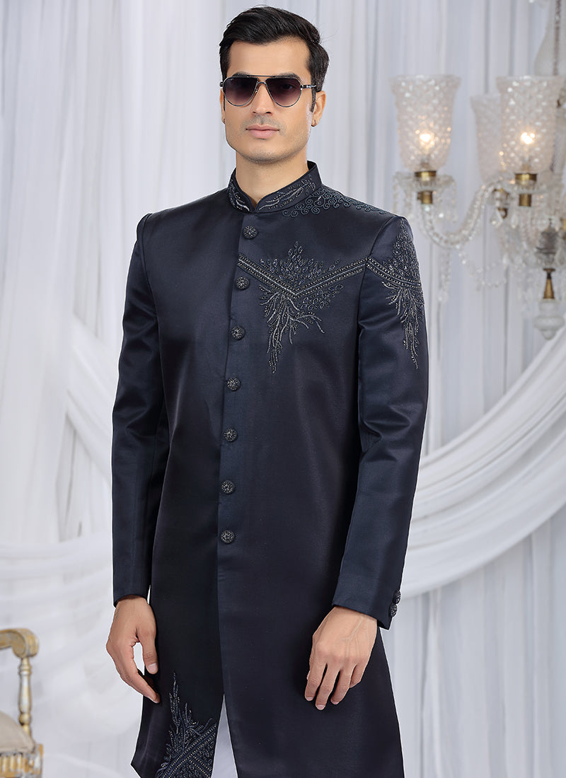 Art Silk Navy Blue Wedding Wear Embroidery Work Readymade Sherwani