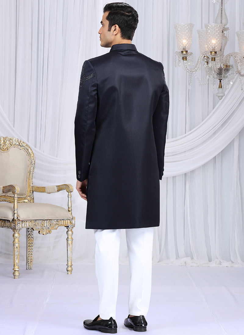 Art Silk Navy Blue Wedding Wear Embroidery Work Readymade Sherwani