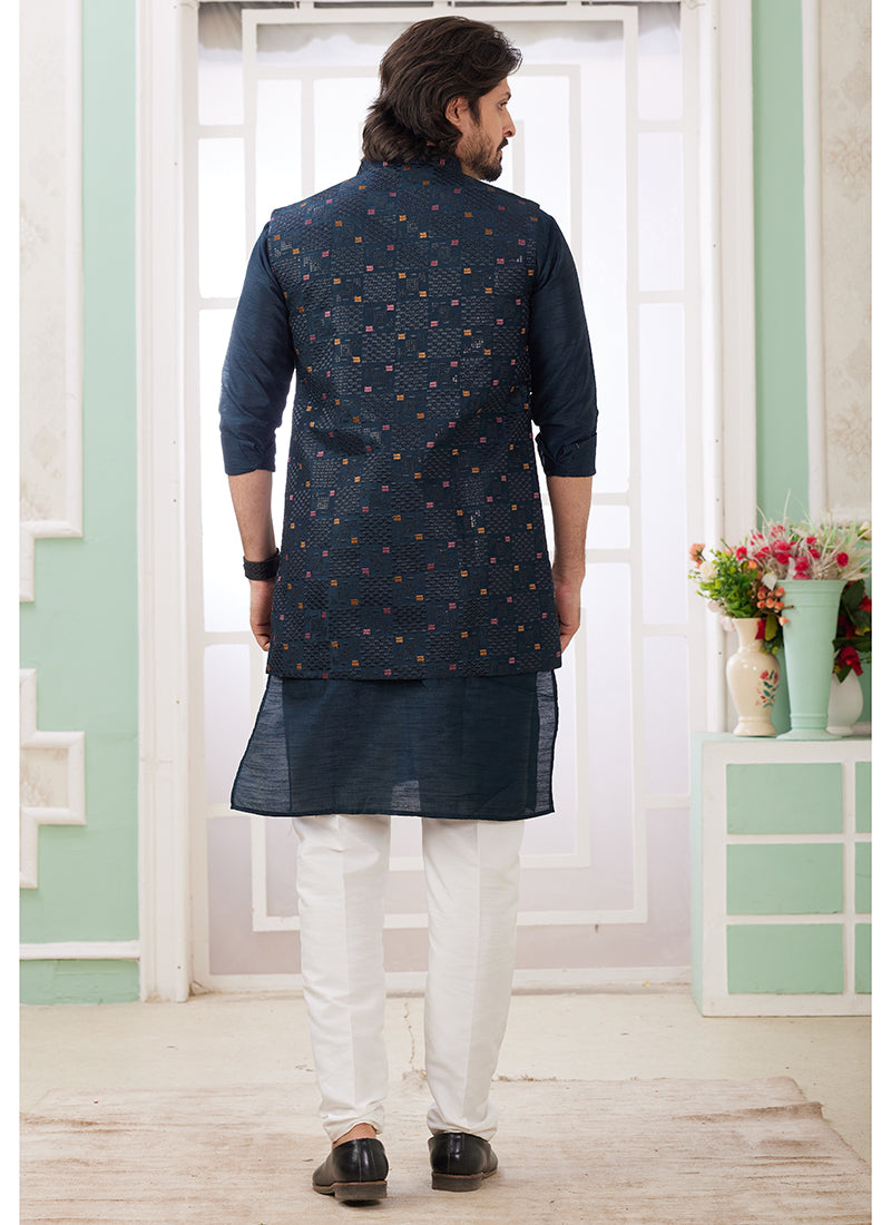 Art Silk Navy Blue Wedding Wear Plain Readymade Kurta Pajama With Jacket