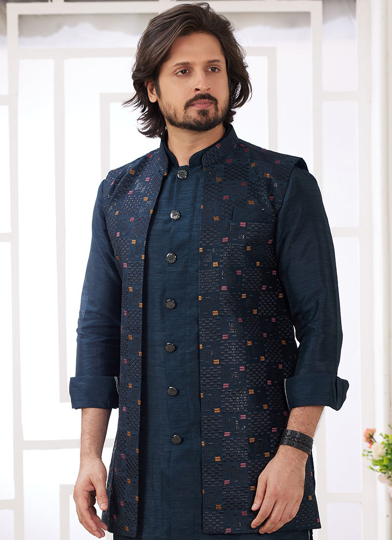 Art Silk Navy Blue Wedding Wear Plain Readymade Kurta Pajama With Jacket