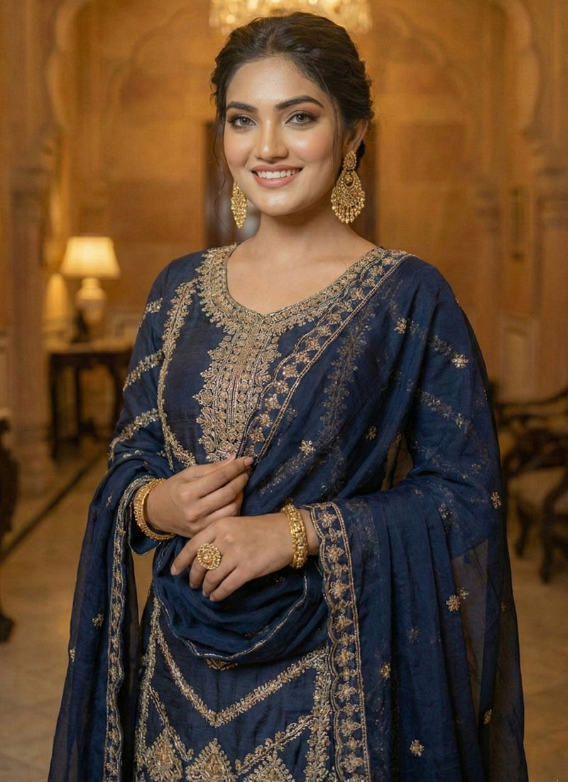 Navy Blue Chinon Sequins Embroidery Work Party Wear Readymade Sharara Suit SW544095