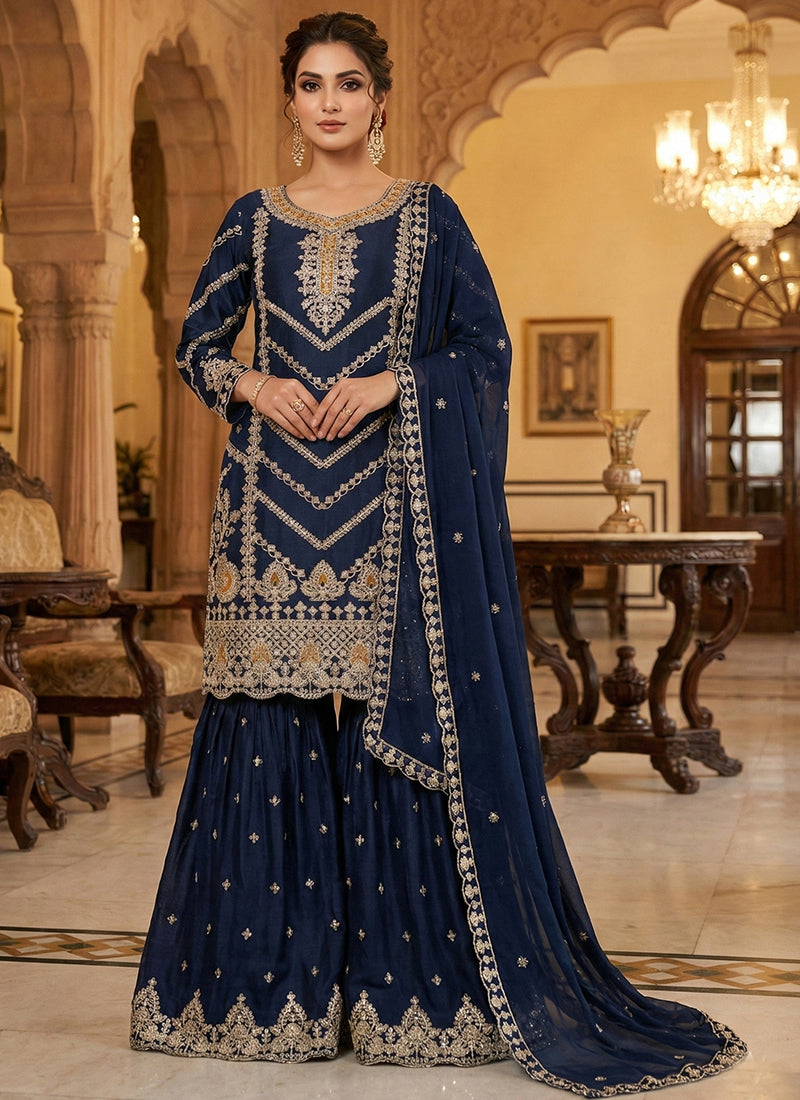 Navy Blue Chinon Sequins Embroidery Work Party Wear Readymade Sharara Suit SW544095