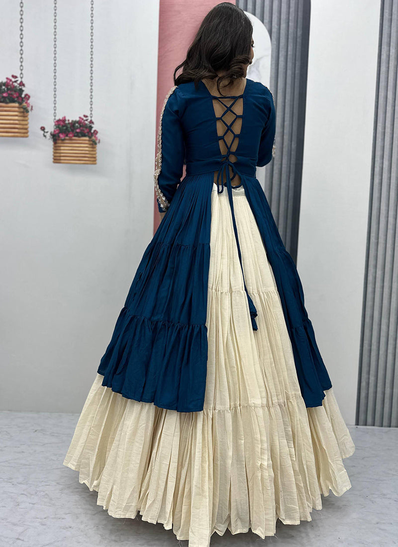 Cotton Navy Blue Navratri Wear Mirror Work Readymade Lehenga Choli