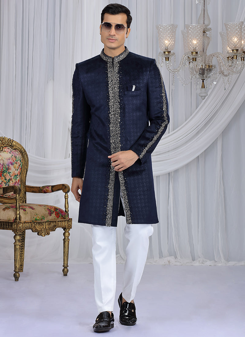 Embosed Velvet Navy Blue Wedding Wear Embroidery Work Readymade Sherwani