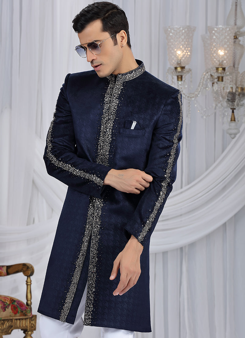 Embosed Velvet Navy Blue Wedding Wear Embroidery Work Readymade Sherwani
