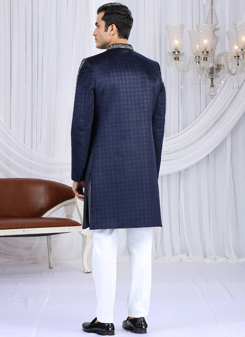 Embosed Velvet Navy Blue Wedding Wear Embroidery Work Readymade Sherwani
