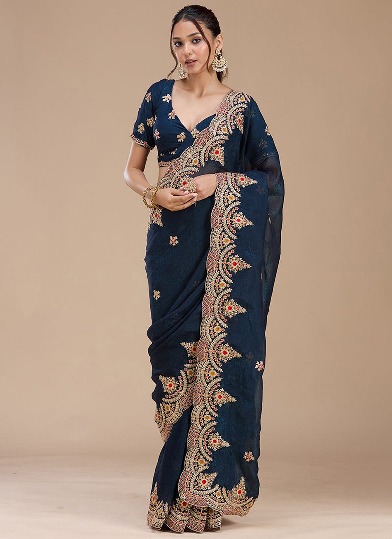 Fendy Satin Navy Blue Party Wear Embroidery Work Designer Saree 388838
