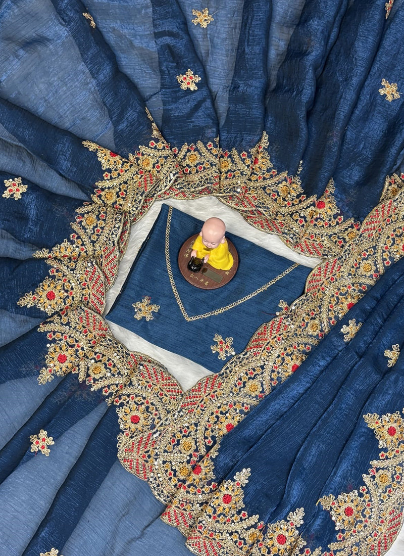 Fendy Satin Navy Blue Party Wear Embroidery Work Designer Saree 388838