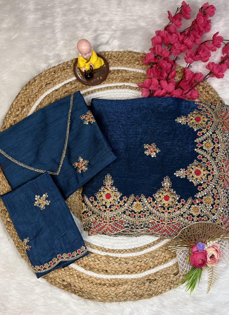 Fendy Satin Navy Blue Party Wear Embroidery Work Designer Saree 388838