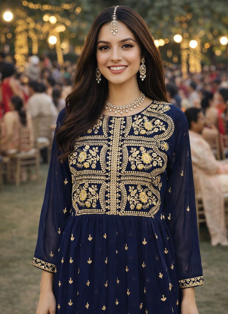 Navy Blue Georgette Embroidery Work Festival Wear Readymade Anarkali Suit SW560614