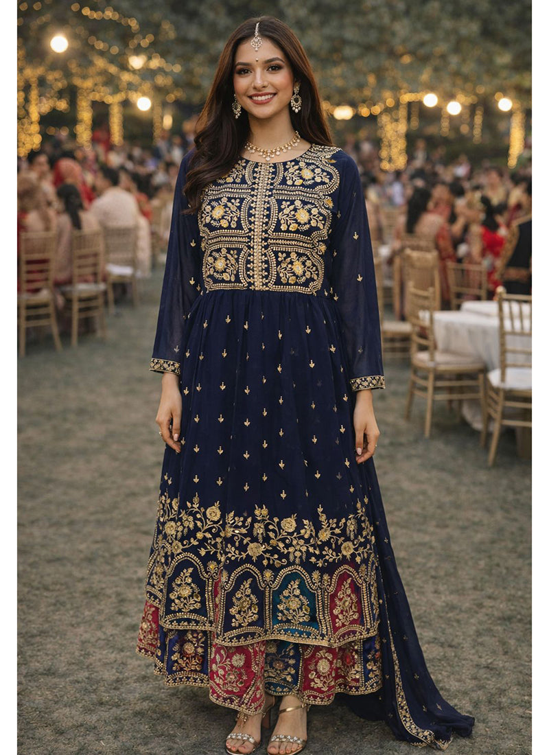 Navy Blue Georgette Embroidery Work Festival Wear Readymade Anarkali Suit SW560614