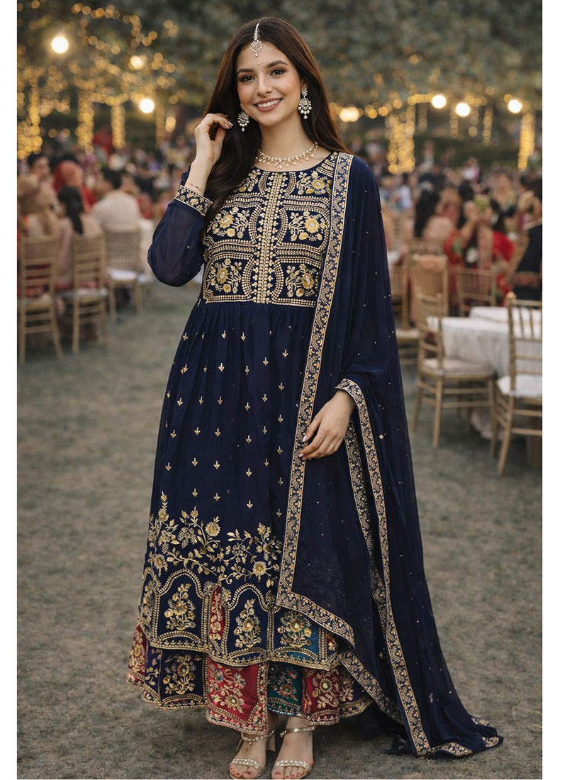 Navy Blue Georgette Embroidery Work Festival Wear Readymade Anarkali Suit SW560614