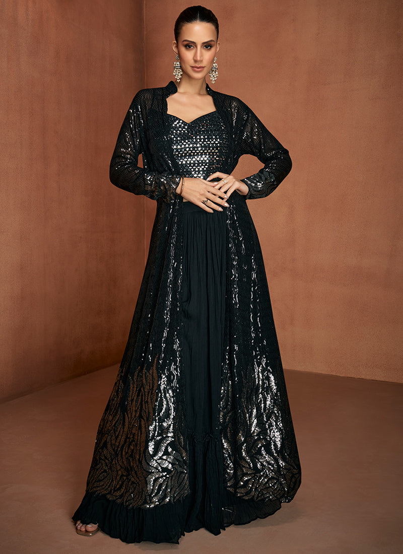 Navy Blue Georgette Sequins Work  Party Wear Readymade Designer Suit SW364026