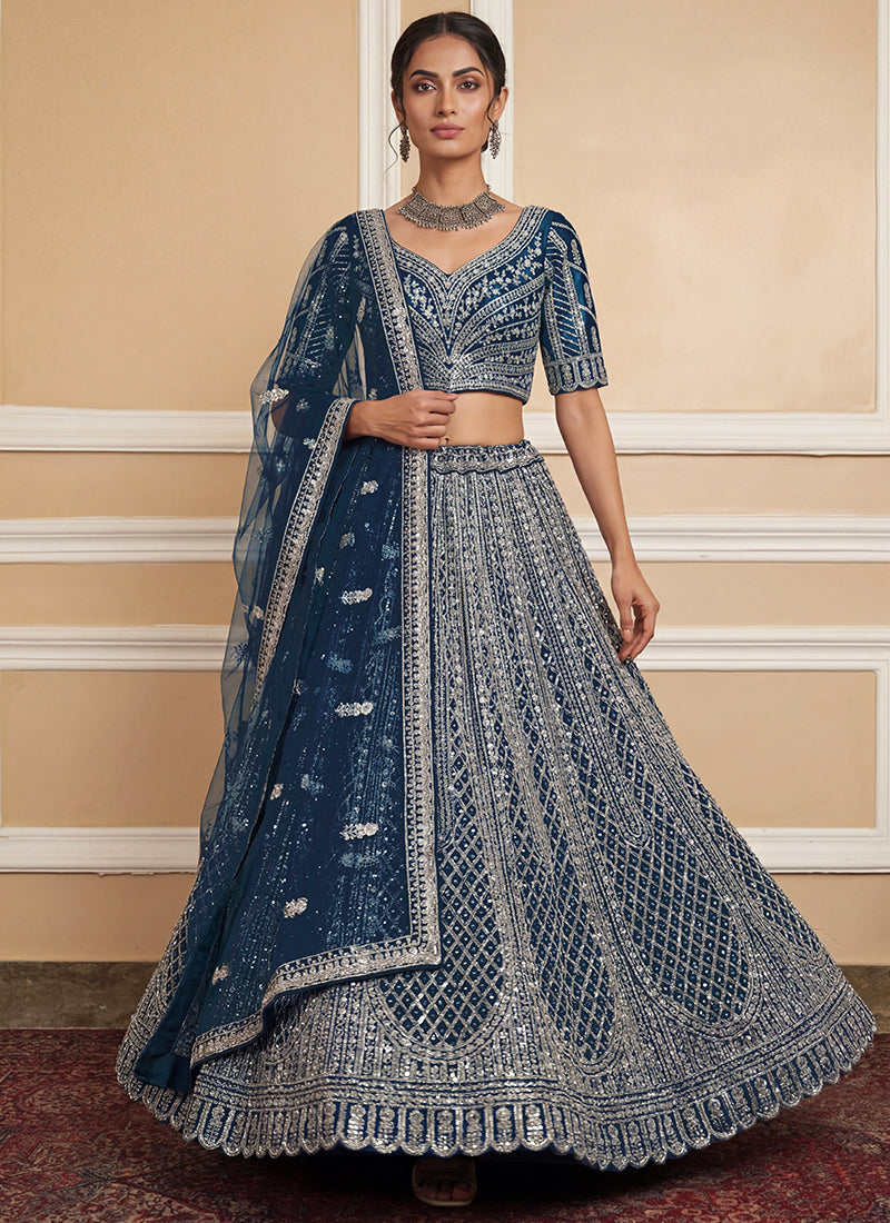 Heavy Net Navy Blue Bridal Wear Zari & Sequins Embroidery Work Bridal Lehenga Choli 389009