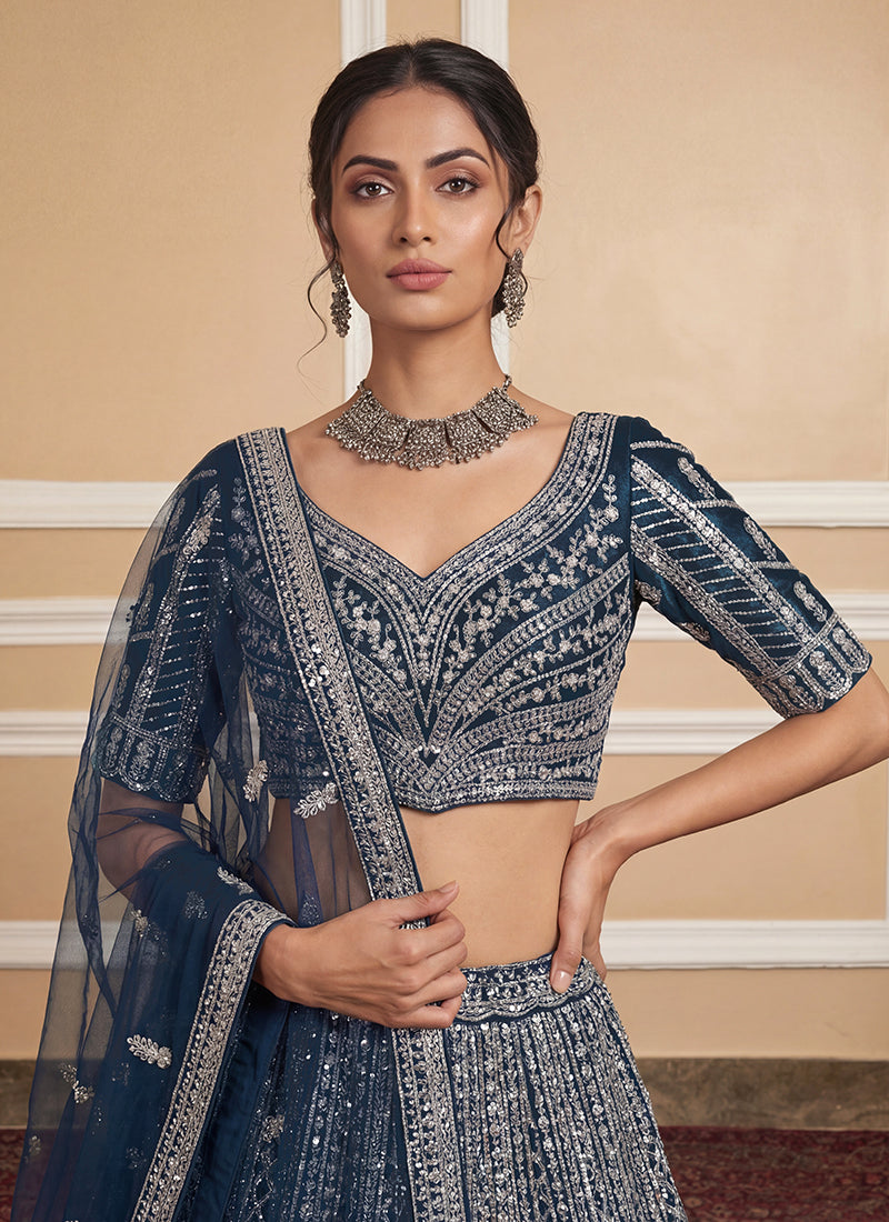 Heavy Net Navy Blue Bridal Wear Zari & Sequins Embroidery Work Bridal Lehenga Choli 389009
