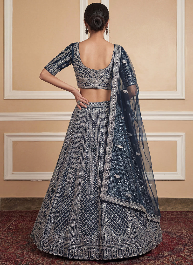 Heavy Net Navy Blue Bridal Wear Zari & Sequins Embroidery Work Bridal Lehenga Choli 389009