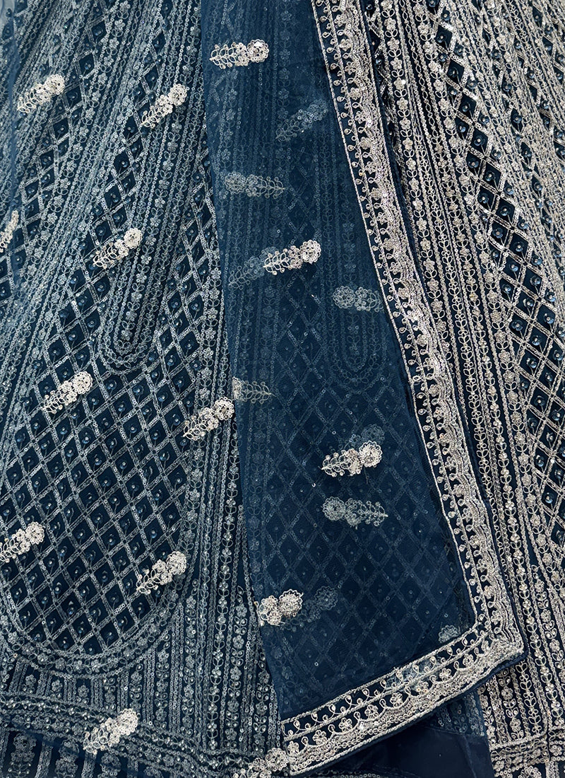Heavy Net Navy Blue Bridal Wear Zari & Sequins Embroidery Work Bridal Lehenga Choli 389009