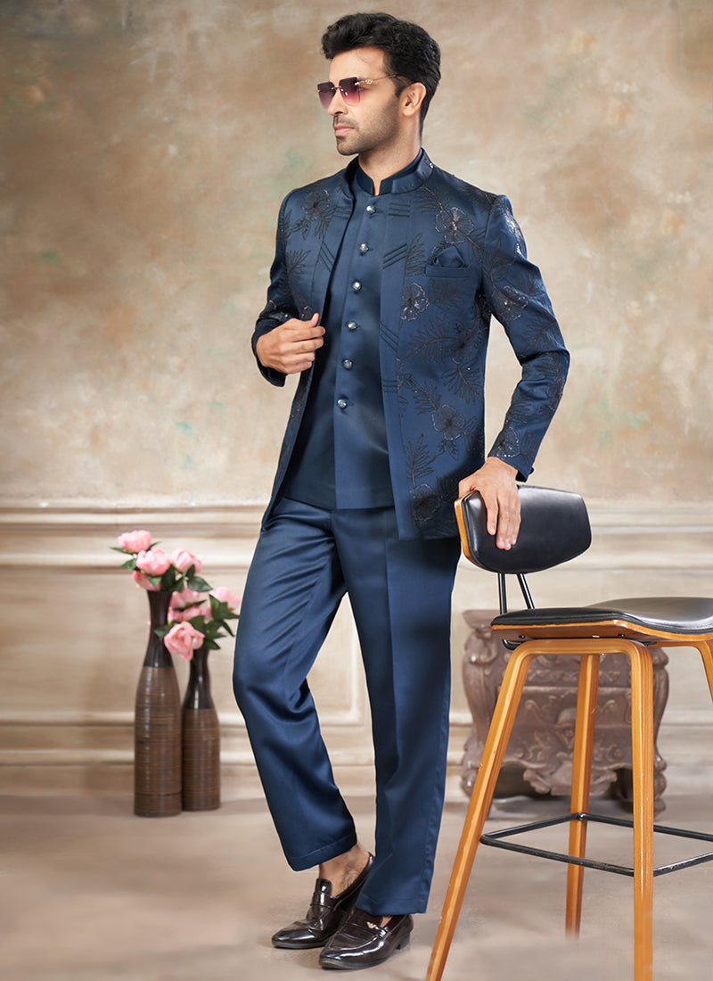 Imported Plain Fabric Navy Blue Party Wear Embroidery Work Readymade Jodhpuri Suit
