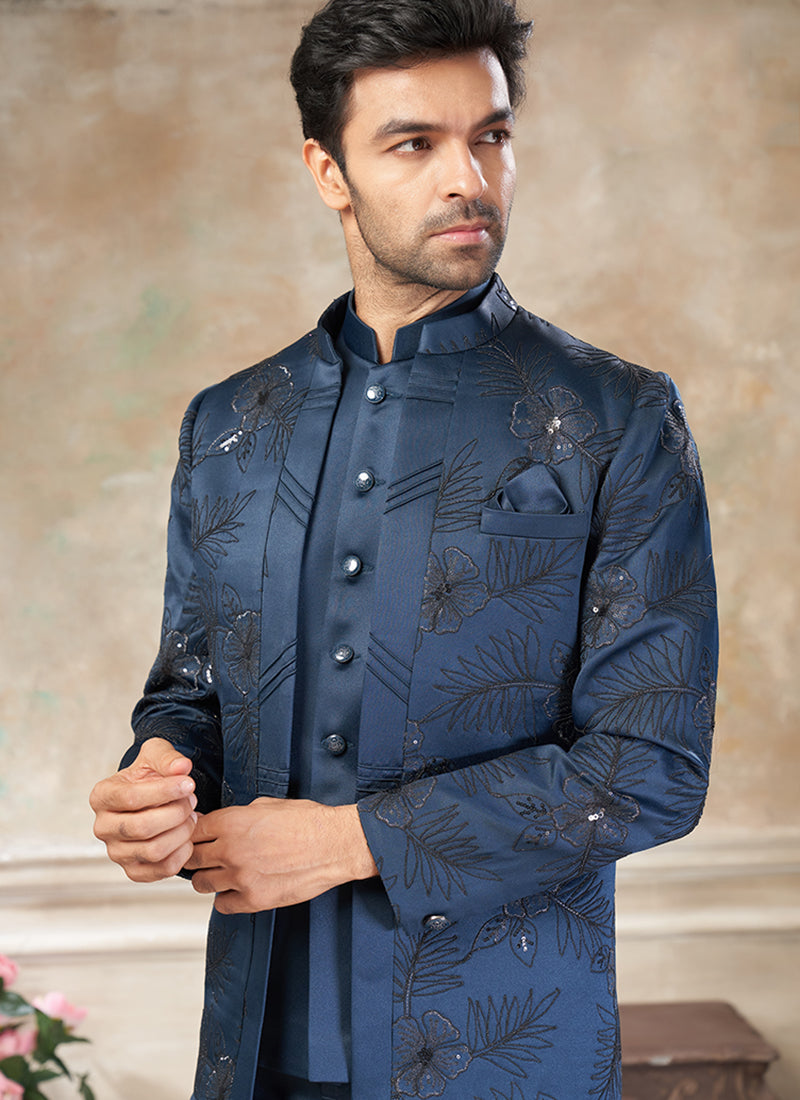 Imported Plain Fabric Navy Blue Party Wear Embroidery Work Readymade Jodhpuri Suit