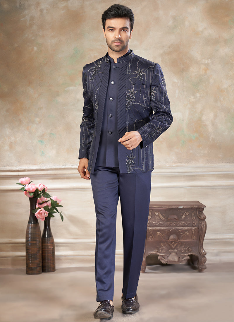 Imported Plain Fabric Navy Blue Party Wear Embroidery Work Readymade Jodhpuri Suit